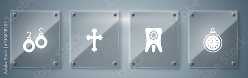 Set Pocket watch, Tooth with diamond, Christian cross and Earrings. Square glass panels. Vector