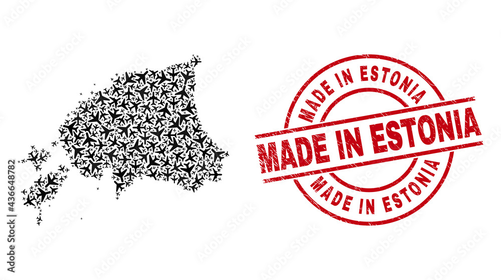 Made in Estonia distress seal stamp, and Estonia map mosaic of aircraft items. Mosaic Estonia map constructed with aircraft. Red seal with Made in Estonia tag, and grunge rubber texture.