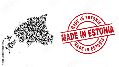 Made in Estonia distress seal stamp, and Estonia map mosaic of aircraft items. Mosaic Estonia map constructed with aircraft. Red seal with Made in Estonia tag, and grunge rubber texture. photo