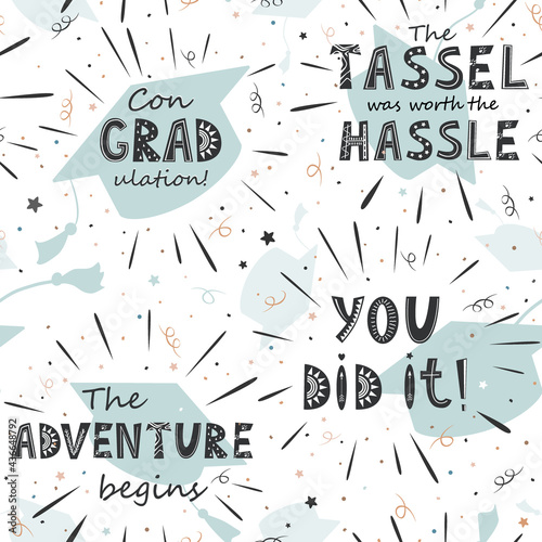 Graduation seamless pattern with flying hats and inspirational lettering. Vector background for graduation party or ceremony invitation, greeting card or web page and poster design.