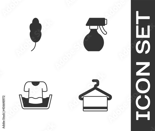 Set Towel on hanger, Feather, Basin with shirt and Water spray bottle icon. Vector