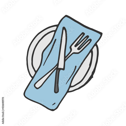 set of dishware illustration on white background. knife and fork with napkin and plate. hand drawn vector. dinner concept. doodle art for logo, label, cover, poster, advertising, clipart, symbol. 