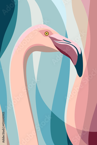 Flamingo portrait. Abstract artistic background with flamingo bird head in pastel pink and blue colors. Vector illustration