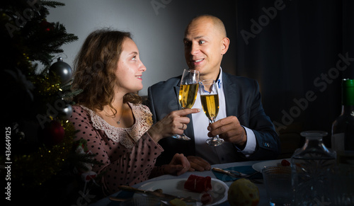 Portrait of cheerful couple celebrating New Year at festive table
