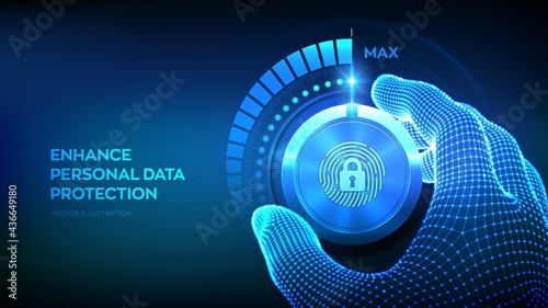 Privacy security levels knob button. Increasing personal data protection level. Wireframe hand turning a private secure test knob to the maximum position. Biometric identification. Vector illustration