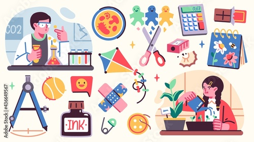 Collection of School illistrations with Cute happy children, school supplies and different decoration elements. Vector set
