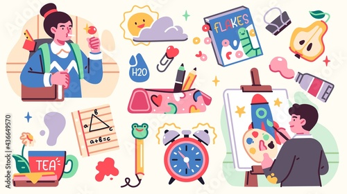 Collection of School illistrations with Cute happy children, school supplies and different decoration elements. Vector set