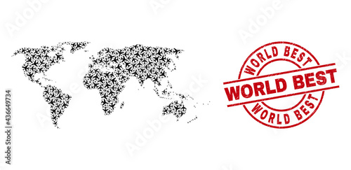World Best textured seal, and world map mosaic of airplane items. Mosaic world map constructed from aircraft. Red seal with World Best caption, and scratched rubber texture.