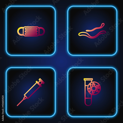 Set line Test tube with virus, Syringe, Medical protective mask and Ebola disease. Gradient color icons. Vector