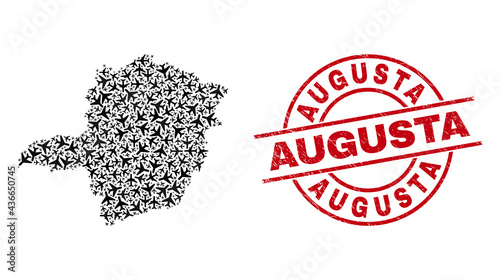 Augusta scratched seal, and Minas Gerais State map mosaic of aircraft elements. Collage Minas Gerais State map designed of airliners. Red seal with Augusta tag, and scratched rubber texture.