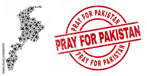 Pray for Pakistan textured seal stamp, and Khyber Pakhtunkhwa Province map collage of airplane elements. Collage Khyber Pakhtunkhwa Province map created of aircraft.