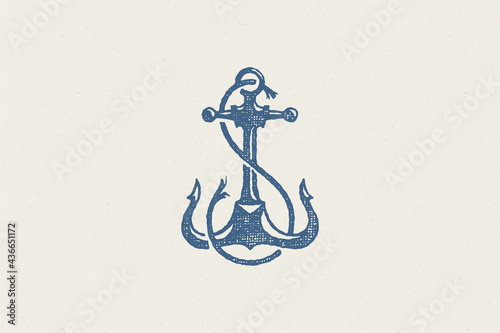Silhouette traditional anchor emblem of maritime industry hand drawn stamp effect vector illustration.