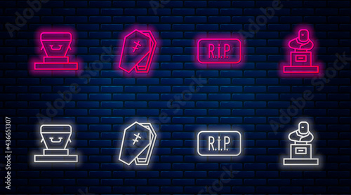 Set line Coffin with cross, Speech bubble rip death, and Grave tombstone. Glowing neon icon on brick wall. Vector