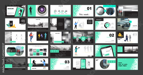 Presentation of business photo, camera powerpoint, infographic design template, green, black elements, white background set. A team of people, girls creates work. Financial work. Using flyers, SEO