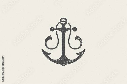 Silhouette traditional anchor emblem of maritime industry hand drawn stamp effect vector illustration.