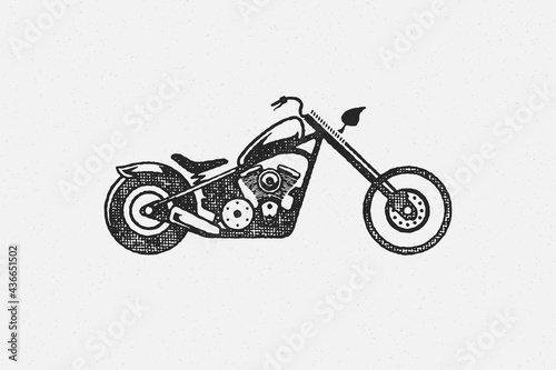 Chopper motorcycle silhouette side view hand drawn ink stamp vector illustration.