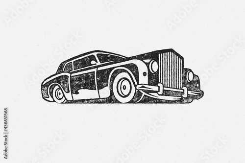 Old classic car silhouette hand drawn ink stamp vector illustration.