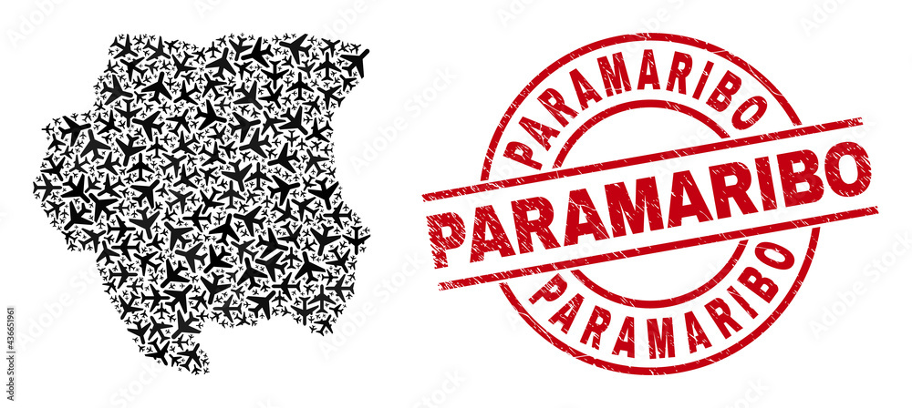 Paramaribo distress seal stamp, and Suriname map mosaic of aviation elements. Mosaic Suriname map designed with aeroplanes. Red imprint with Paramaribo text, and distress rubber texture. Paramaribo distress seal stamp, and Suriname map mosaic of aviation elements. Mosaic Suriname map designed with aeroplanes. Red imprint with Paramaribo text, and distress rubber texture.