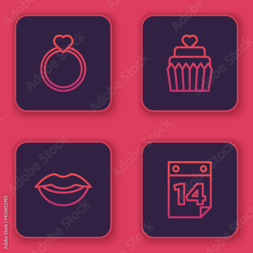 Set line Wedding rings, Smiling lips, cake with heart and Calendar February 14. Blue square button. Vector
