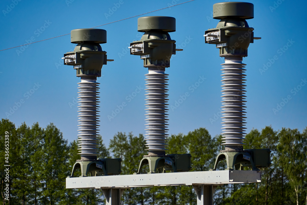 Installation of new insulators and conductors for a high-voltage line across the countryside near Gifhorn, Germany Installation of new insulators and conductors for a high-voltage line across the countryside near Gifhorn, Germany