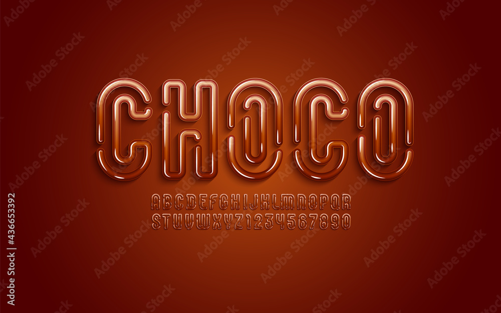 Original Font in the 3d style, chocolad alphabet, bold letters and numbers made in choco style, vector illustration 10eps