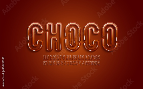 Original Font in the 3d style, chocolad alphabet, bold letters and numbers made in choco style, vector illustration 10eps