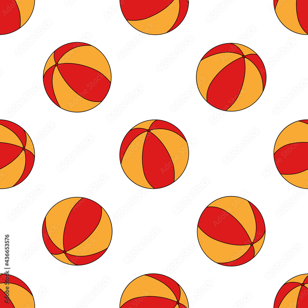 Vector seamless pattern of beach volleyball balls in a flat style on a white background. The repeating background is used for fabric, textiles, branding. Vector seamless pattern of beach volleyball balls in a flat style on a white background. The repeating background is used for fabric, textiles, branding.