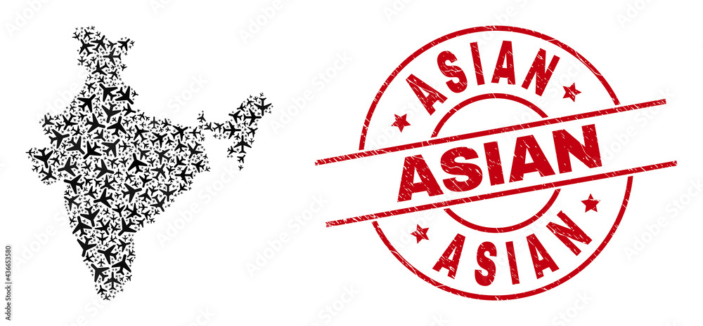 Asian grunged badge, and India map mosaic of aeroplane items. Mosaic India map created from aircraft. Red badge with Asian word, and unclean rubber texture. Abstraction for tourism purposes. Asian grunged badge, and India map mosaic of aeroplane items. Mosaic India map created from aircraft. Red badge with Asian word, and unclean rubber texture. Abstraction for tourism purposes.