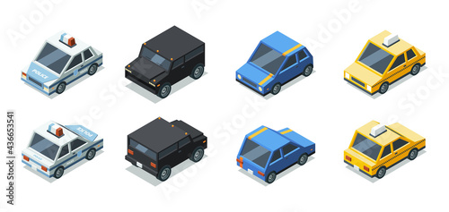 Isometric cars. Front and back side views of urban vehicles garish vector transport illustrations