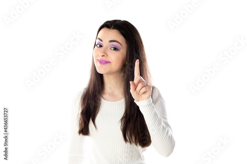 Portrait of beautiful teen girl with purple makeup closeup