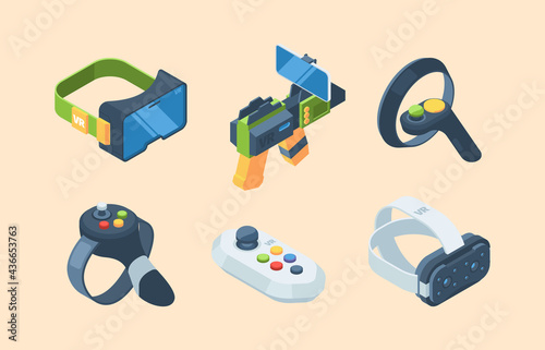 Isometric virtual reality. Vr gaming guns controllers video attractions 360 degree views funny experience garish vector illustrations 3d set