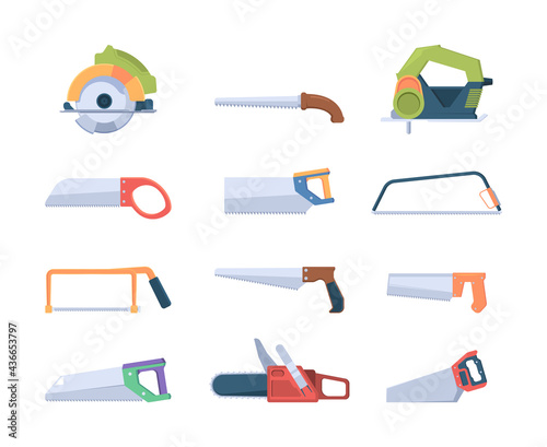Steel saws. Handle blades and saws for sawmills production garish vector illustrations isolated