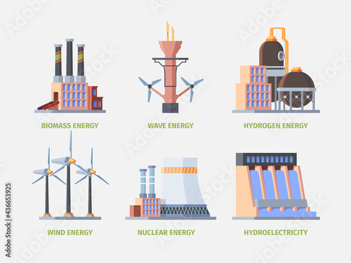 Electricity plant. Power hydro energy industrial building electricity factory station garish vector flat pictures set
