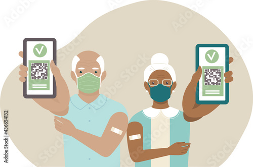 Vaccinated people using digital health passports. Elderly man showing an app in mobile phone. Woman hold immunization certificate with qr code. Covid passport concept. F
