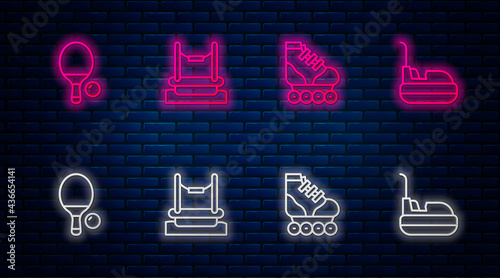 Set line Bungee, Roller skate, Racket and ball and Bumper car. Glowing neon icon on brick wall. Vector