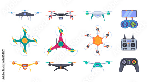Air helicopters. Delivery drones with camera aerial outdoor photography smart aircraft systems garish vector flat pictures set