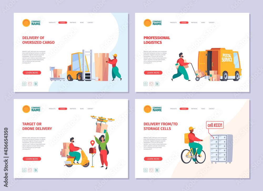 Delivery service landing. Postman deliver mail packages customer services sending paper mail garish vector business web pages Delivery service landing. Postman deliver mail packages customer services sending paper mail garish vector business web pages