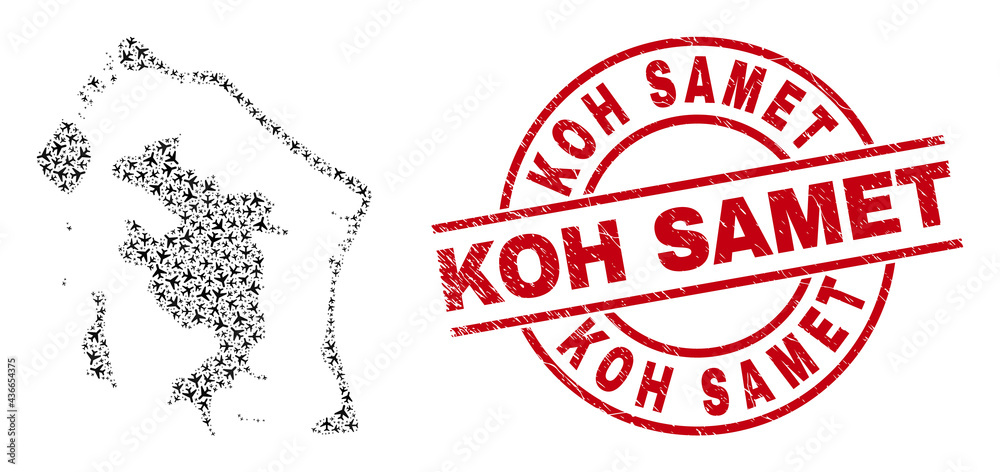 Koh Samet grunge seal, and Bora-Bora map mosaic of air plane items. Mosaic Bora-Bora map created with aeroplanes. Red badge with Koh Samet text, and grunge rubber texture.