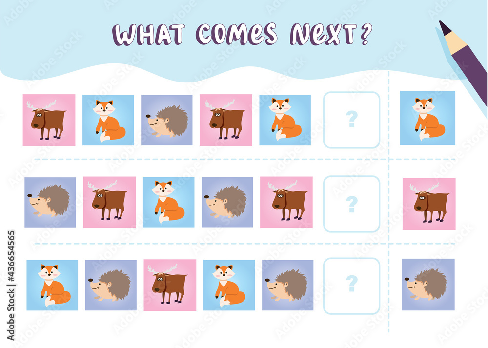 What comes next with cute forest animals. Cartoon vector illustration. Logical worksheet for kids with elk,fox,hedgehog
