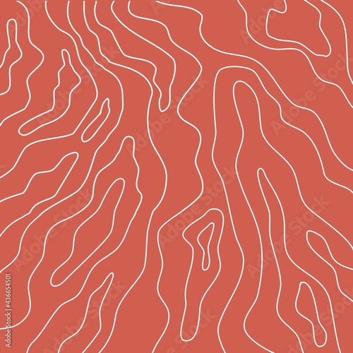 Abstract illustration. White lines on a red background. Imitation of a geographical, mountain map. Design for fabric, wallpaper, textiles, posters, postcards.