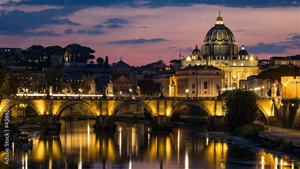 Vatican at night, illuminated bridge