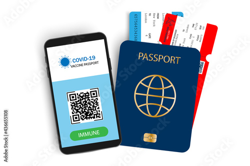 Passport with tickets and vaccination certificate. Smartphone immunity passport with airplane tickets inside.Vacation and travel concept .Vector isolated on white background. Immune passport.