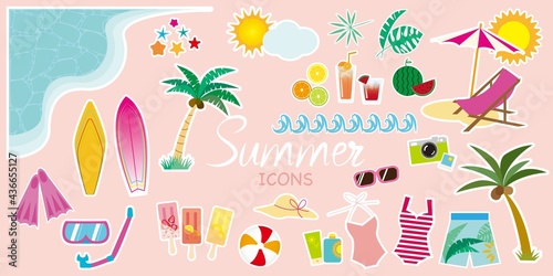 Set of summer vacation concept icons, Colorful summer icons collection. Summer illustration. Summer Beach, vacation, sea, swim wear, surfing, fruits, coconuts tree, sun, tropical, Vector illustration.