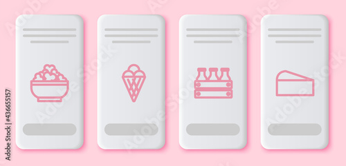 Set line Cottage cheese, Ice cream in waffle cone, Bottled milk wooden box and Cheese. White rectangle button. Vector