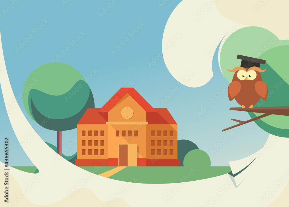 Banner template with school building and owl. Flyer design in flat style.