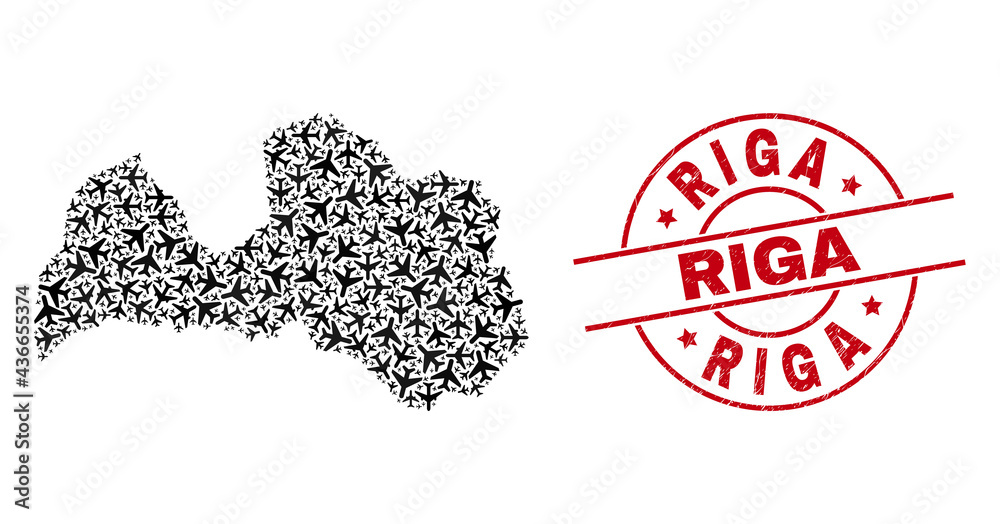 Riga grunged badge, and Latvia map collage of aircraft elements. Collage Latvia map created with air force symbols. Red badge with Riga word, and unclean rubber texture. Template for shipping posters. Riga grunged badge, and Latvia map collage of aircraft elements. Collage Latvia map created with air force symbols. Red badge with Riga word, and unclean rubber texture. Template for shipping posters.