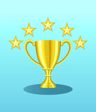 Golden trophy with 5 five gold stars icon vector illustration.