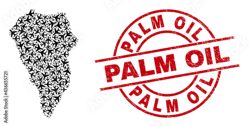 Palm Oil rubber seal, and La Palma Island map collage of airplane items. Mosaic La Palma Island map constructed with aeroplanes. Red seal with Palm Oil word, and unclean rubber texture.