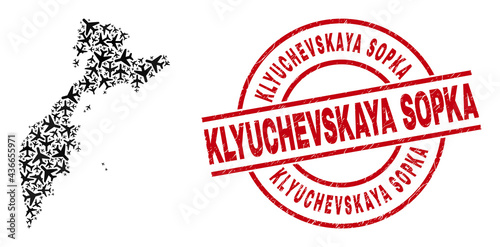 Klyuchevskaya Sopka rubber seal stamp, and Kamchatka map collage of aeroplane elements. Mosaic Kamchatka map designed with airplanes. Red stamp with Klyuchevskaya Sopka caption,