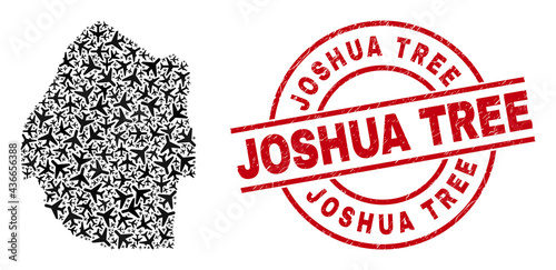 Joshua Tree grunged badge, and Swaziland map collage of aircraft elements. Collage Swaziland map constructed of aircraft. Red stamp with Joshua Tree text, and corroded rubber texture.